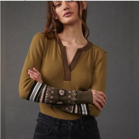 Free People Tops - New FREE PEOPLE Newbie Thermal Henley Army Green Layering Knit Crochet Cuff XL